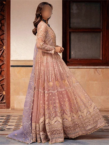 Fairytale Pink Maxi Dress with Gotta Work and Lilac Dupatta for Weddings - M, Pink