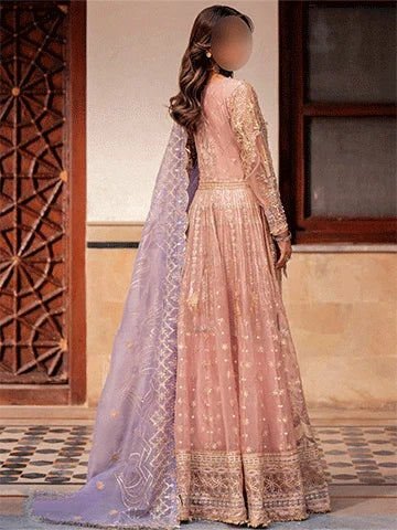 Fairytale Pink Maxi Dress with Gotta Work and Lilac Dupatta for Weddings - M, Pink