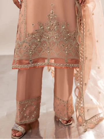 Peach Pink Organza Kurta Set with Dupatta – 3 Piece Festive Outfit for Women