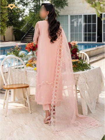 Peach Pink 3 Piece Organza Kurta Set with Embroidered Dupatta