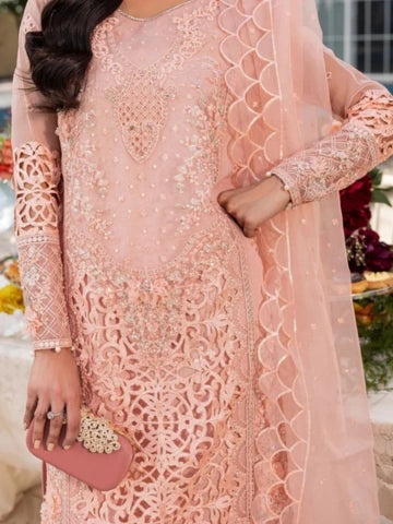 Peach Pink 3 Piece Organza Kurta Set with Embroidered Dupatta