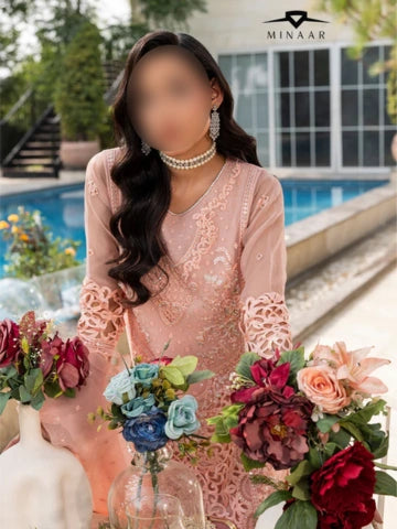 Peach Pink 3 Piece Organza Kurta Set with Embroidered Dupatta