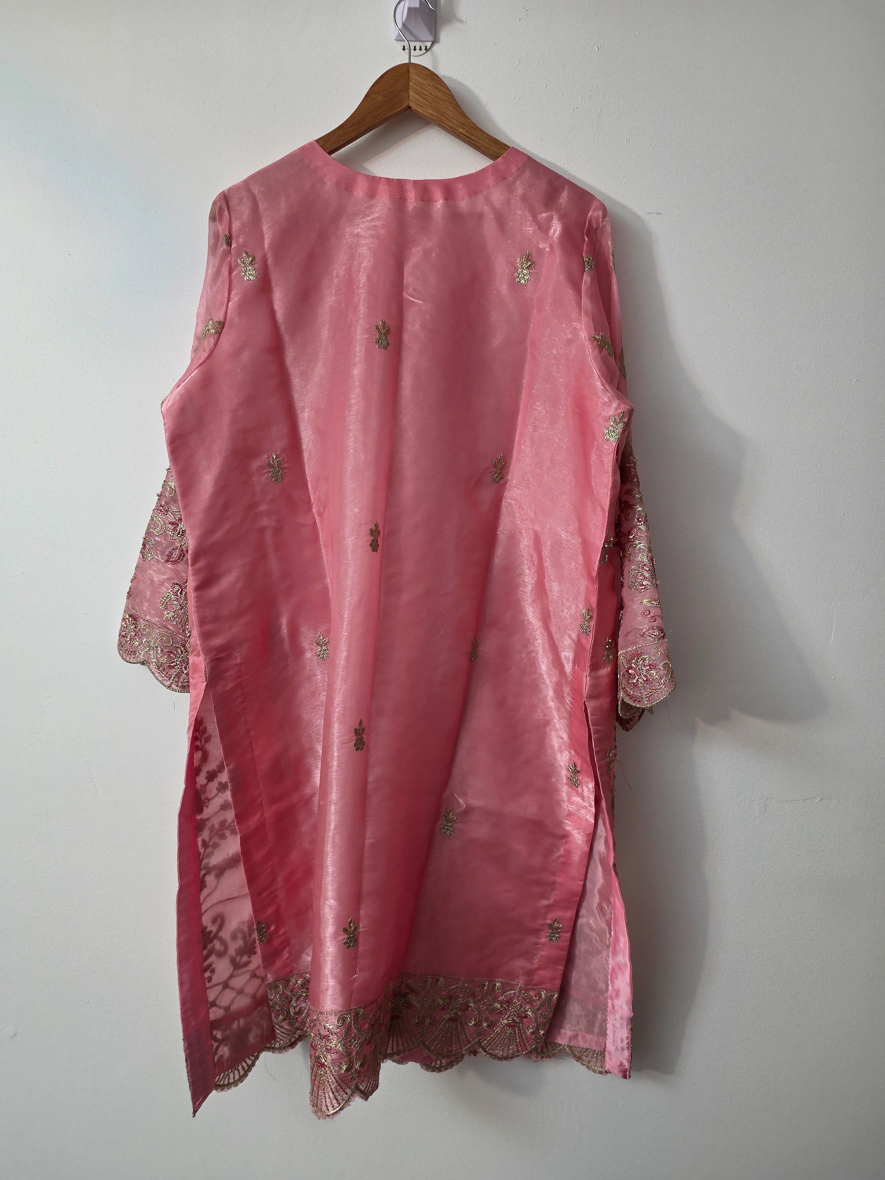 Pink Pakistani 3 piece outfit with embellished organza shirt and Katan trouser
