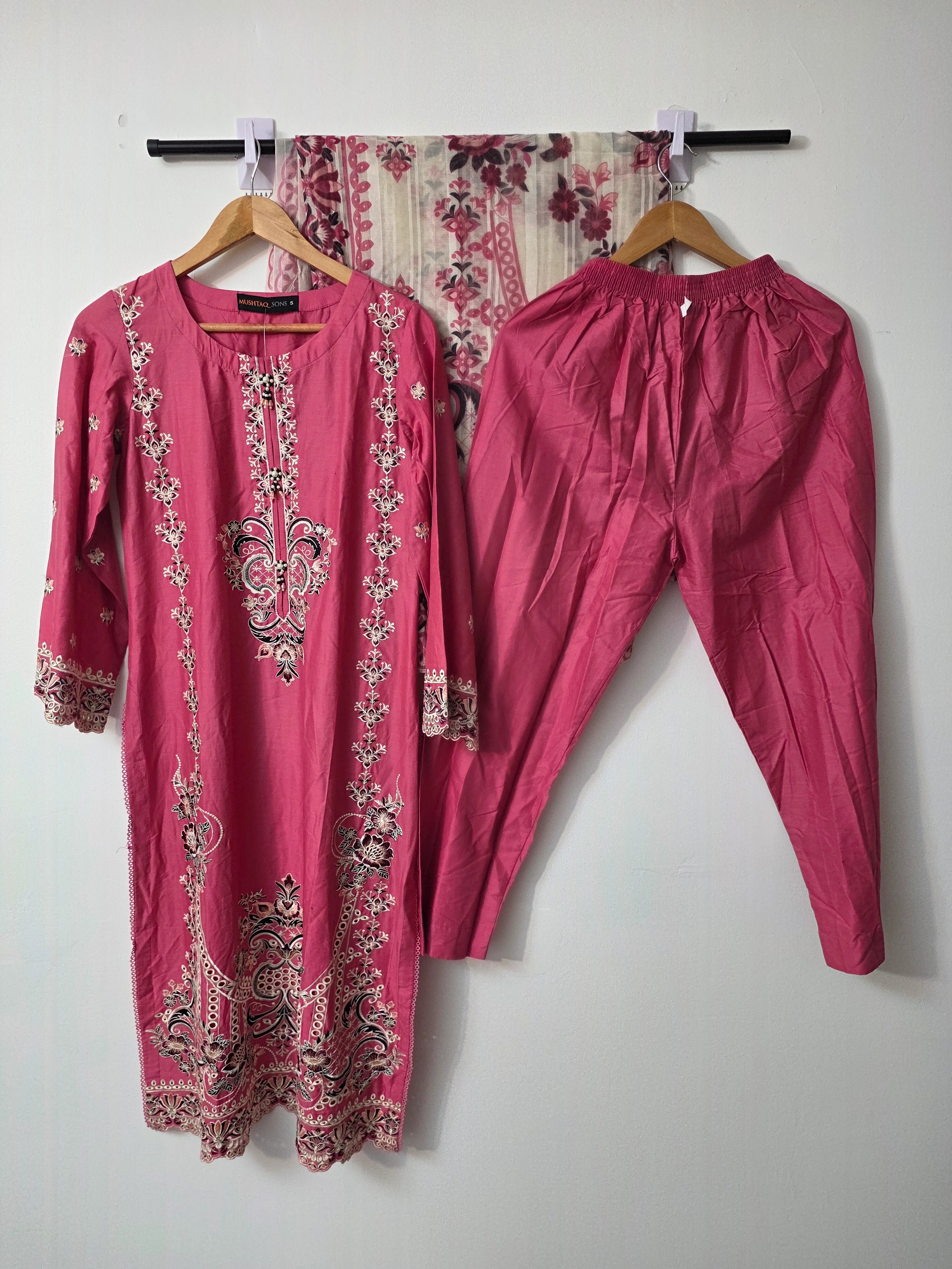 Pink Pakistani 3 piece suit with embroidered Slub Cotton shirt