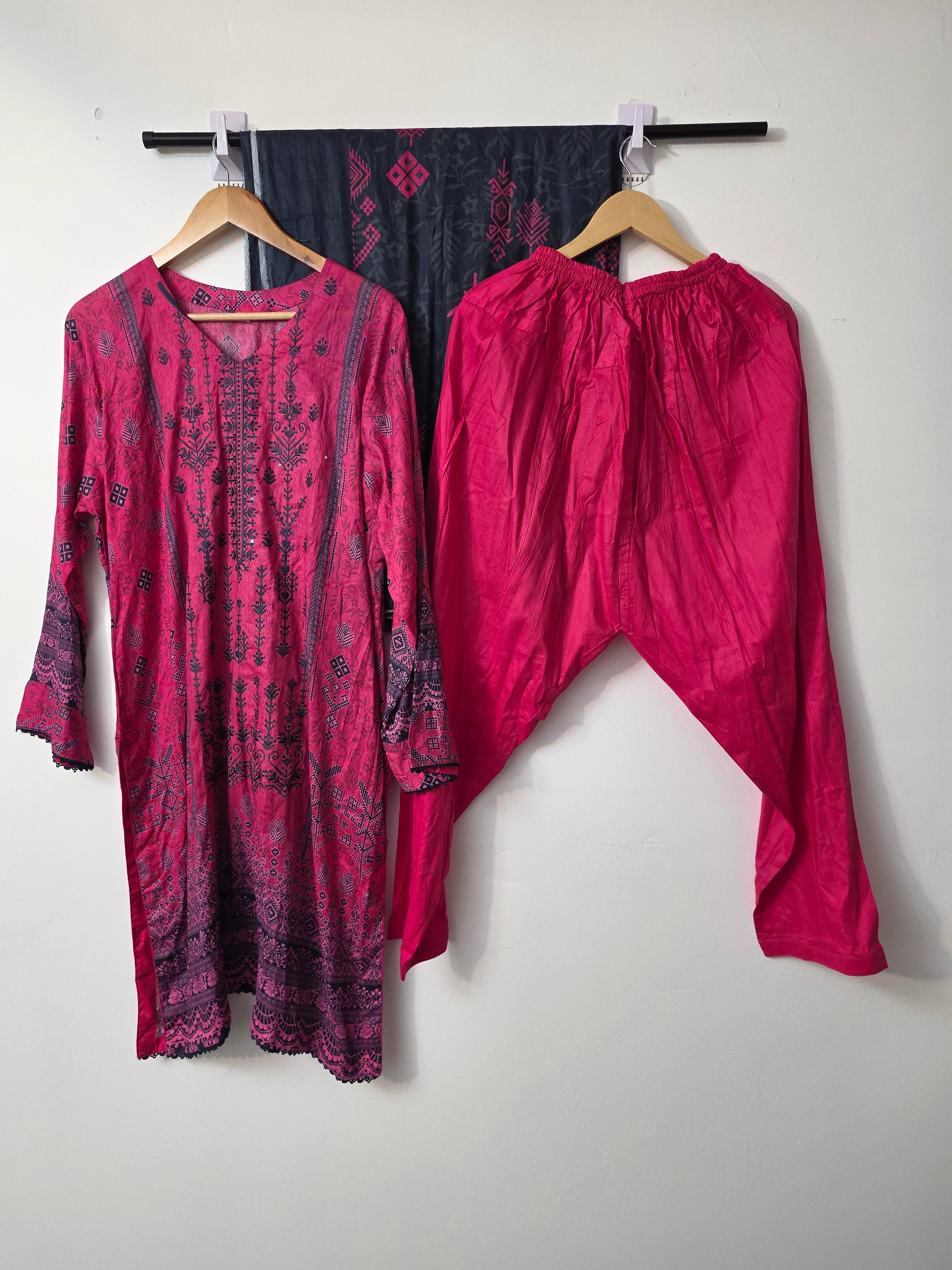 Pink Pakistani lawn 3 piece suit with navy print and embroidery
