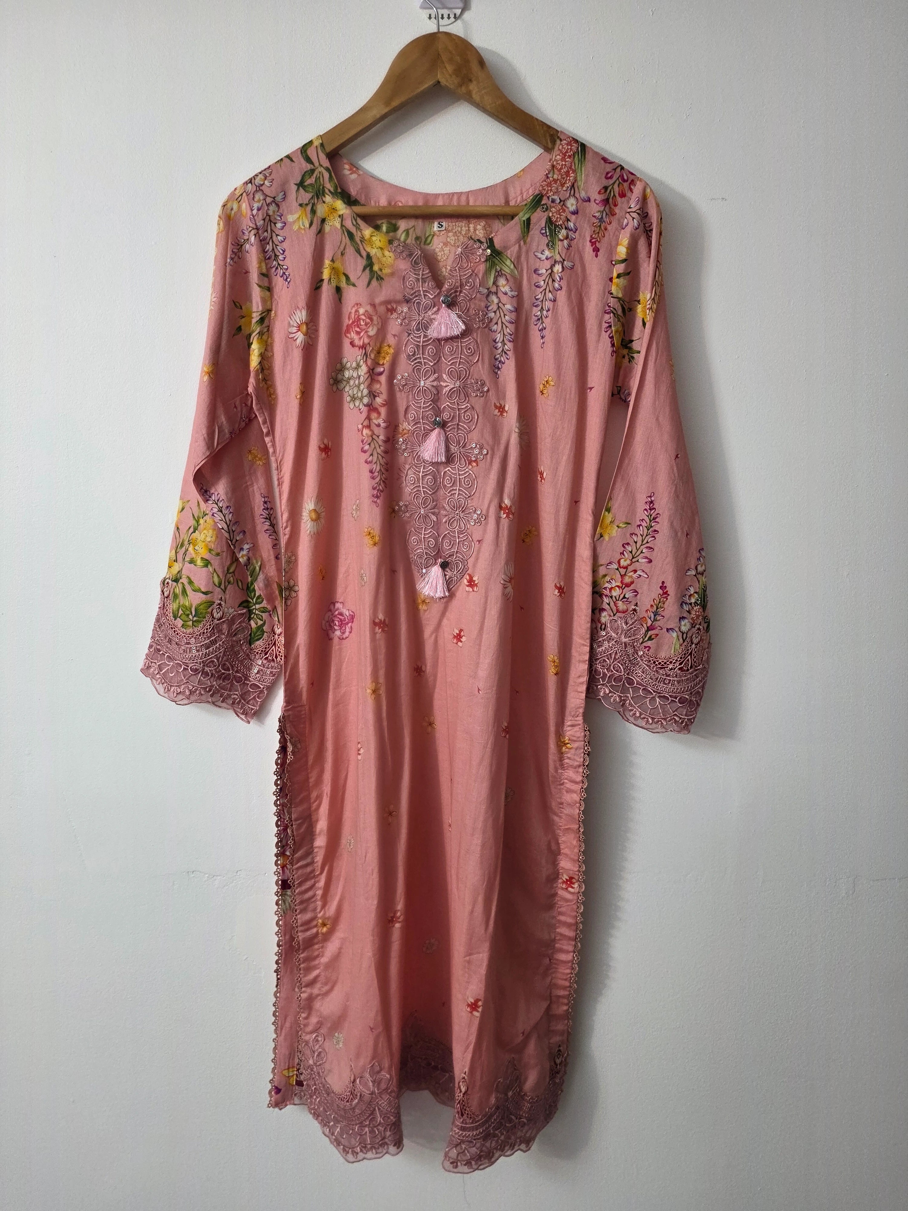 Pink Pakistani lawn dress with embroidered organza detailing