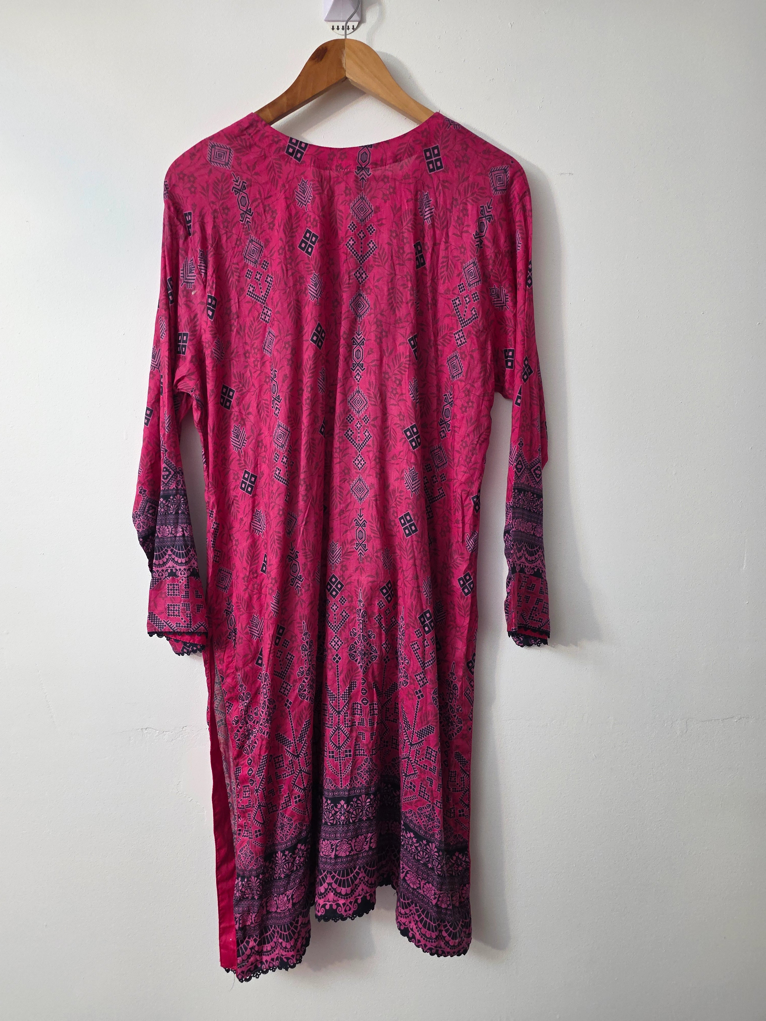 Pink and navy embroidered Pakistani lawn suit with printed dupatta