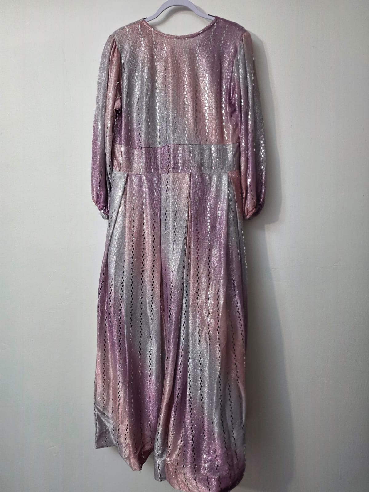 Pink and silver sequin shimmer full length maxi dress with V-neck, long sleeves