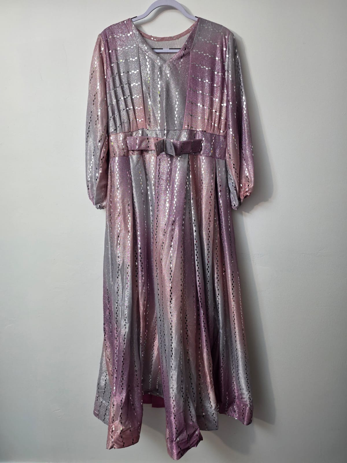 Pink and silver sequin shimmer full length maxi dress with V-neck, long sleeves and matching waist belt