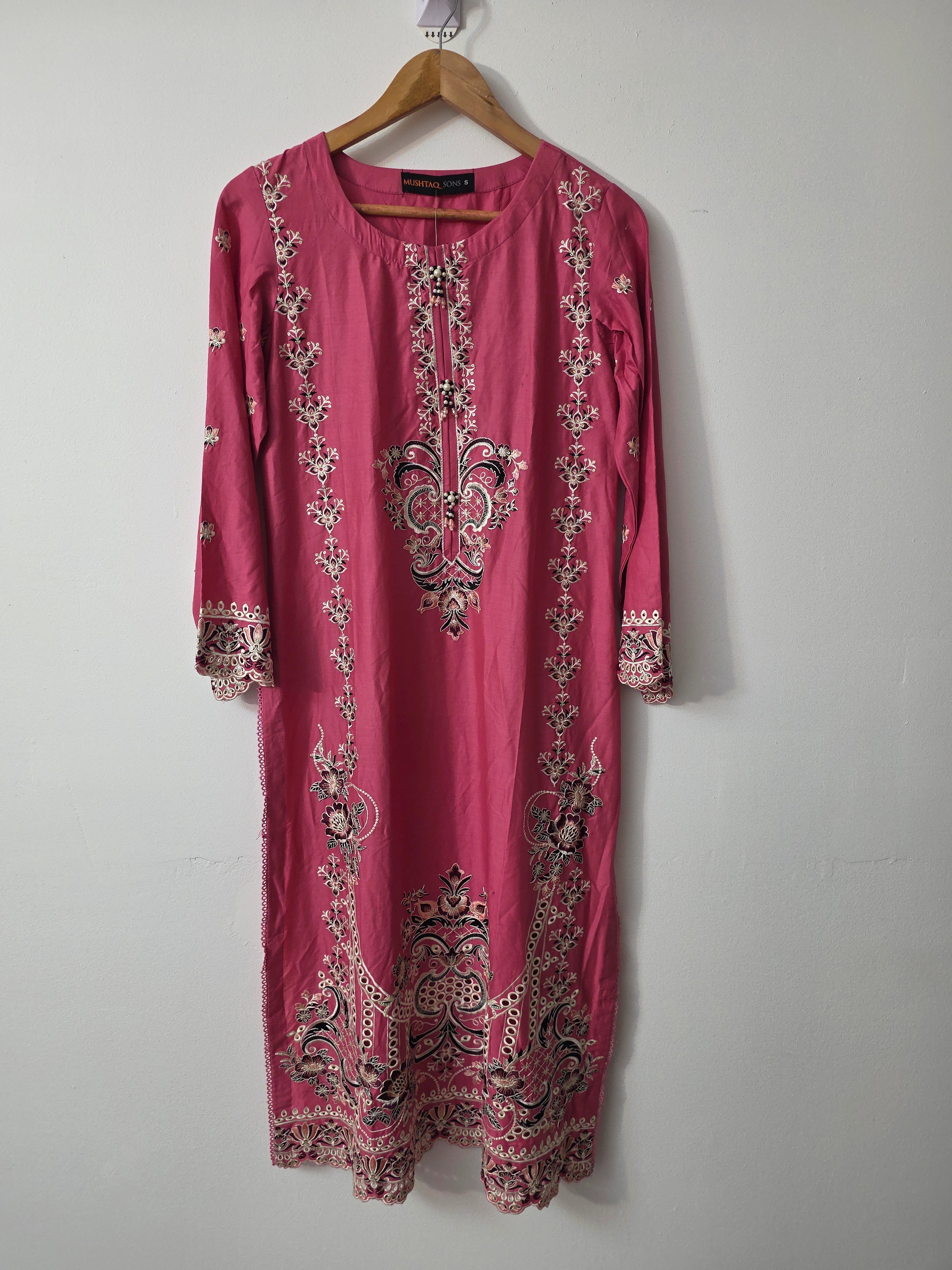 Pink embroidered Pakistani suit with printed Khaddi Net dupatta