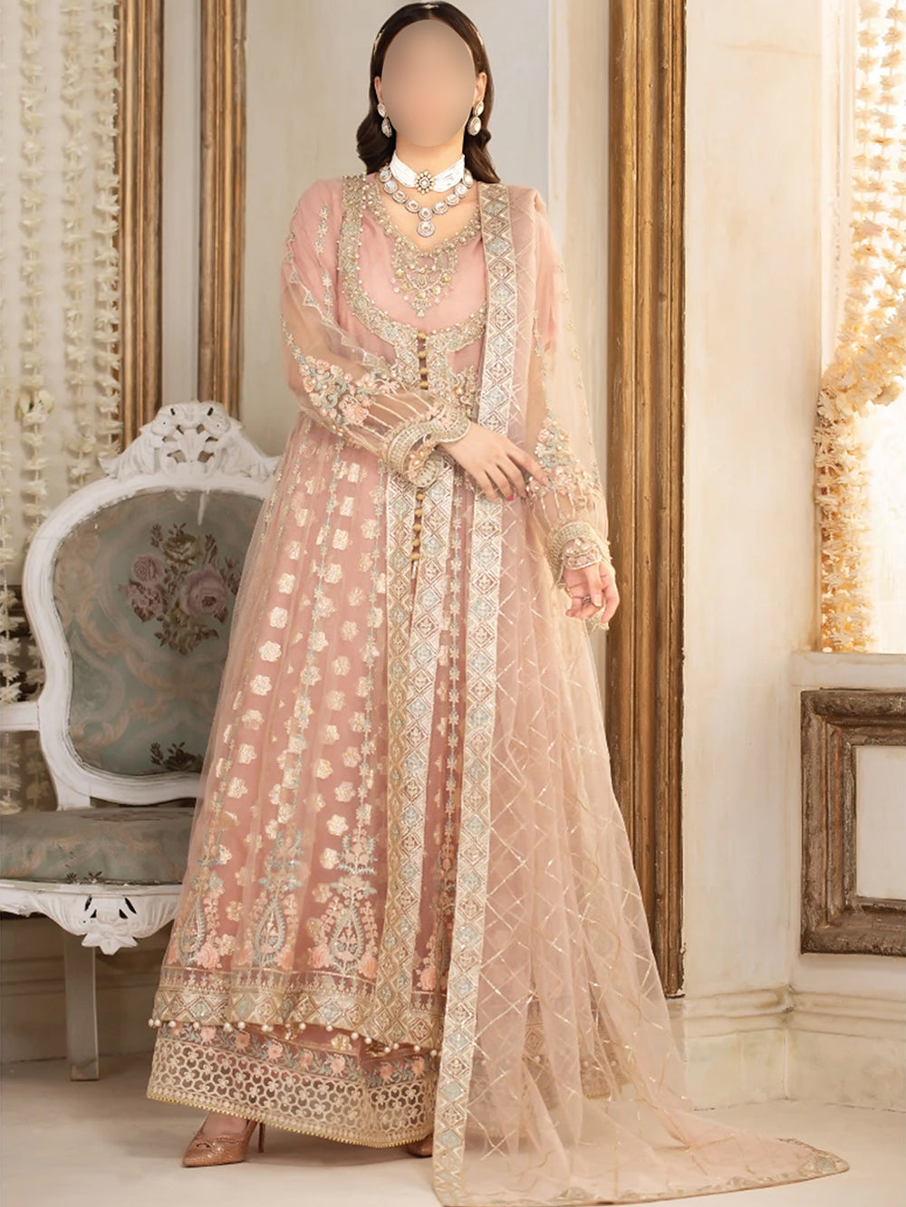 Pink embroidered net maxi dress with matching dupatta