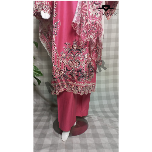 Pink Embroidered Slub Cotton Suit with Printed Khaddi Net Dupatta