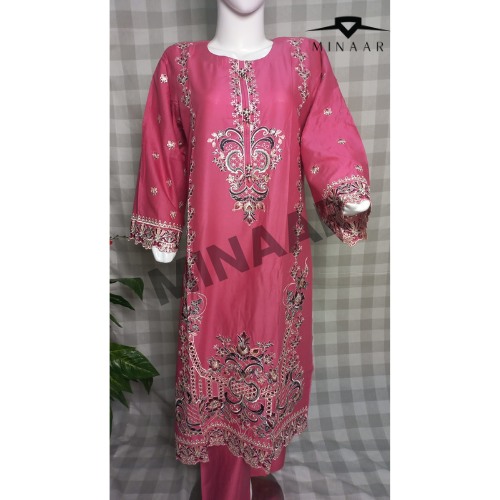 Pink Embroidered Slub Cotton Suit with Printed Khaddi Net Dupatta