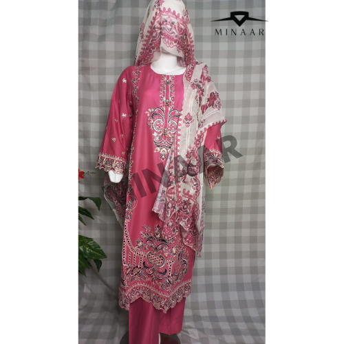 Pink embroidered slub cotton suit with printed khaddi net dupatta displayed