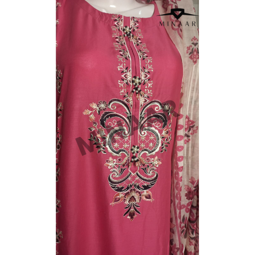 Pink Embroidered Slub Cotton Suit with Printed Khaddi Net Dupatta