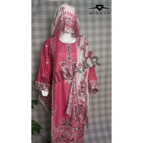 Pink Embroidered Slub Cotton Suit with Printed Khaddi Net Dupatta