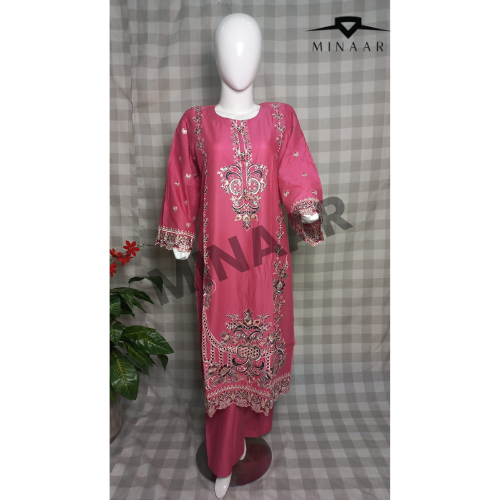 Pink Embroidered Slub Cotton Suit with Printed Khaddi Net Dupatta