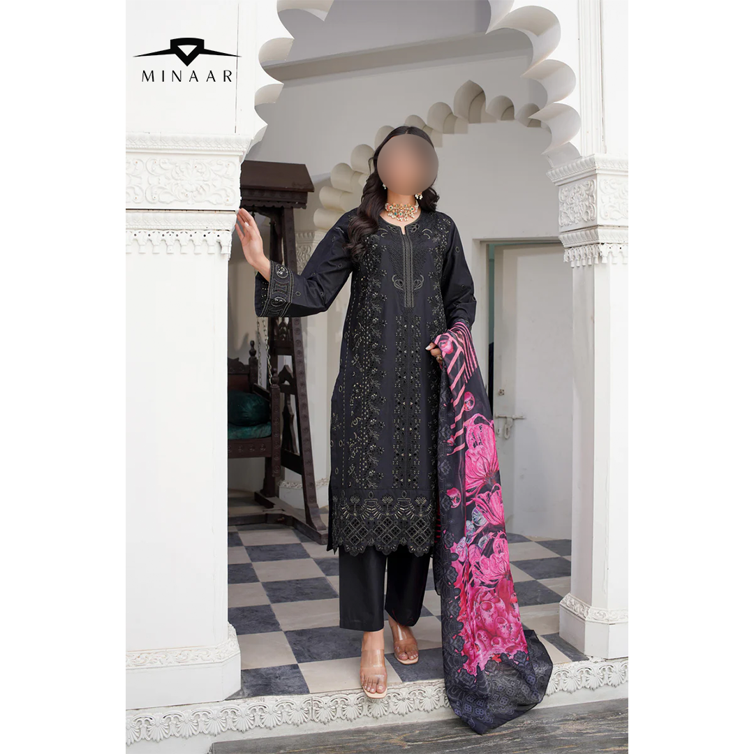 Black Premium Cotton 3-Piece Embroidered Summer Ensemble