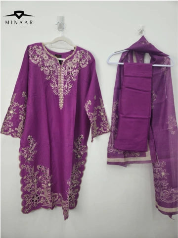 Purple cotton lawn shirt with lace neckline