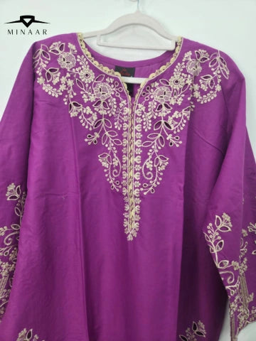 Purple Embroidered Chikankari Cotton Lawn 3-Piece Suit with Lace Neckline & Printed Diamond Dupatta