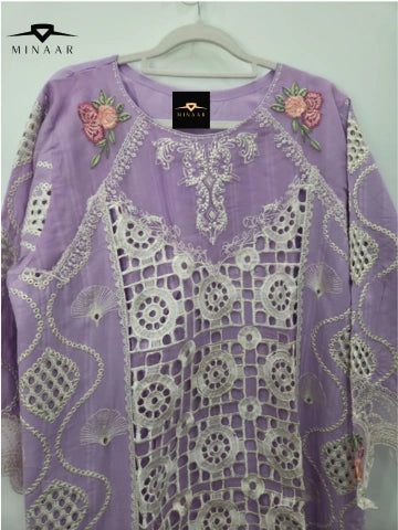 Purple White Embroidered Cotton Lawn 3-Piece Suit with Khaddi Net Dupatta