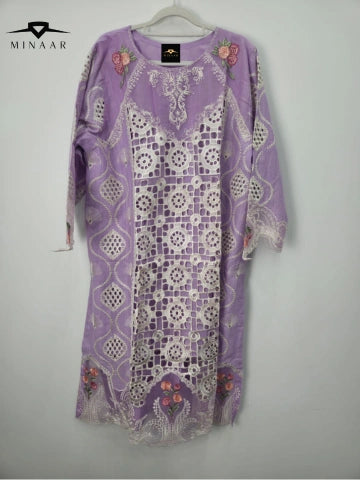 Purple White Embroidered Cotton Lawn 3-Piece Suit with Khaddi Net Dupatta