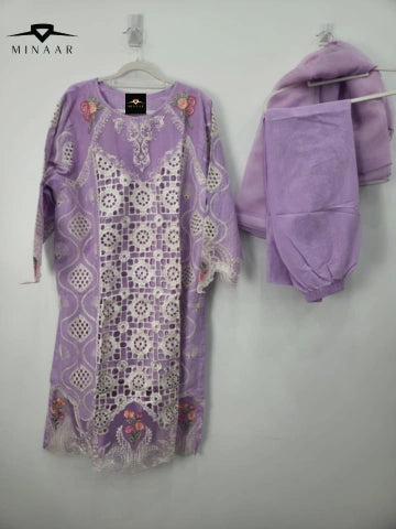 Purple embroidered cotton lawn 3-piece suit with plain trouser and khaddi net dupatta