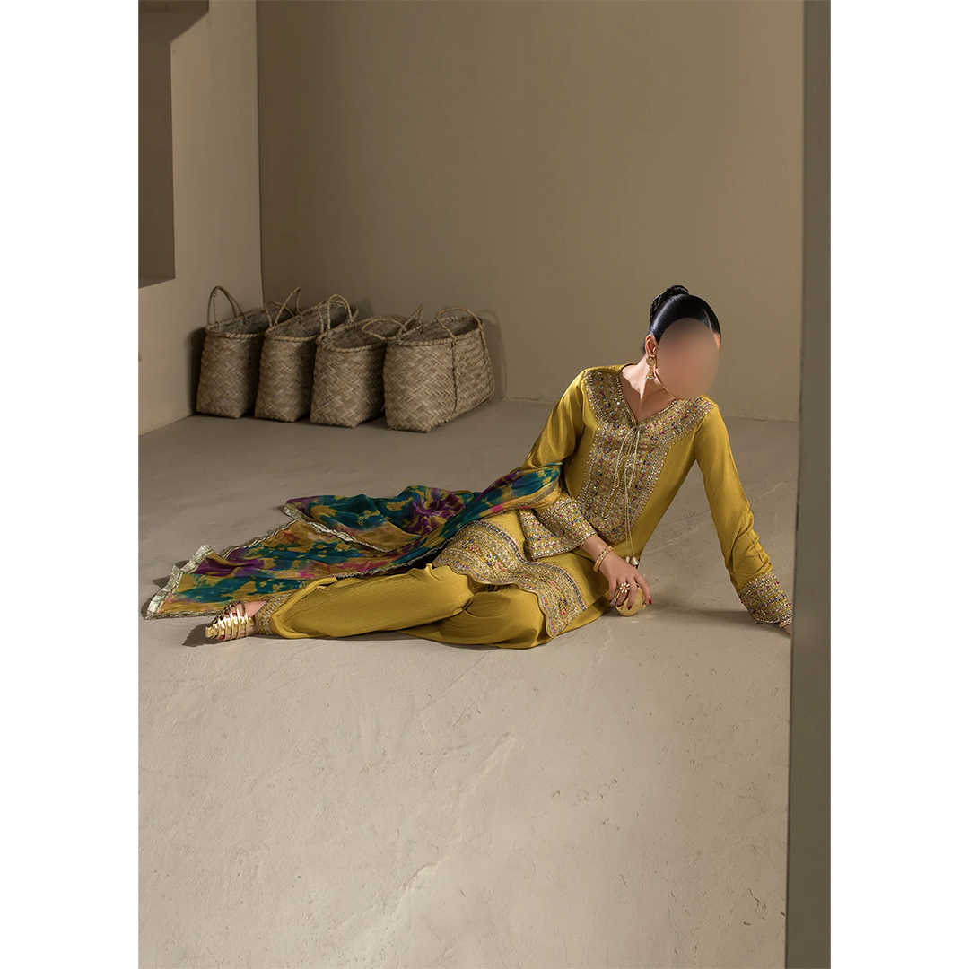 Raw silk short kurta with traditional Farshi Shalwar