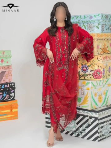 Red Cotton Long Kurta Set with Net Dupatta