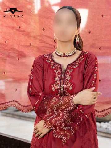 Ruby – Red Schiffli Embroidered Cotton Suit with Organza Dupatta & Farshi Shalwar