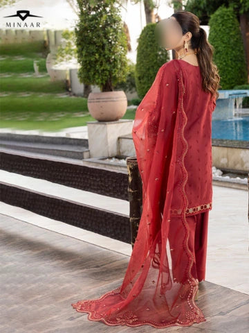 Ruby – Red Schiffli Embroidered Cotton Suit with Organza Dupatta & Farshi Shalwar