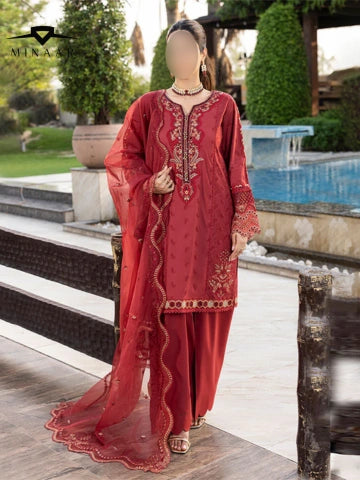 Red Embroidered Dress With Dupatta
