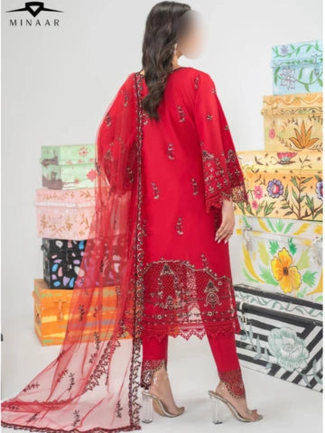 Red Cotton Long Kurta Set with Net Dupatta – 3 Piece Festive Outfit