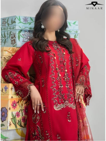 Red Cotton Long Kurta Set with Net Dupatta – 3 Piece Festive Outfit