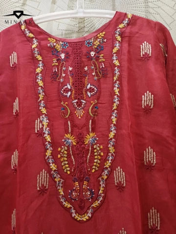Red Organza Multi Embroidered 3PC Suit with Raw Silk Trouser & Printed Chiffon Dupatta – Border Cutwork Edition