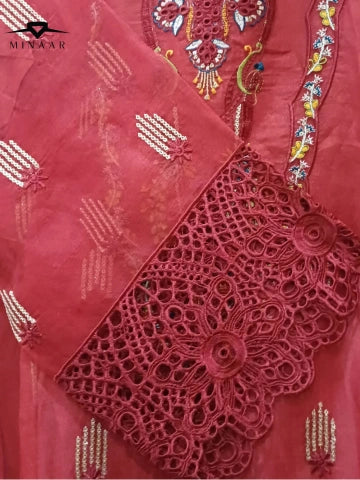 Red Organza Multi Embroidered 3PC Suit with Raw Silk Trouser & Printed Chiffon Dupatta – Border Cutwork Edition
