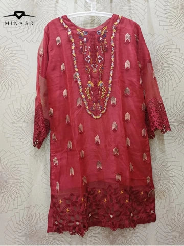 Red Organza Multi Embroidered 3PC Suit with Raw Silk Trouser & Printed Chiffon Dupatta – Border Cutwork Edition