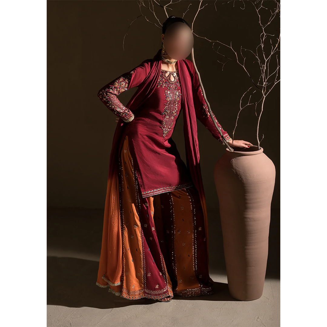 Red Pakistani Sharara 3 piece outfit with silk dupatta