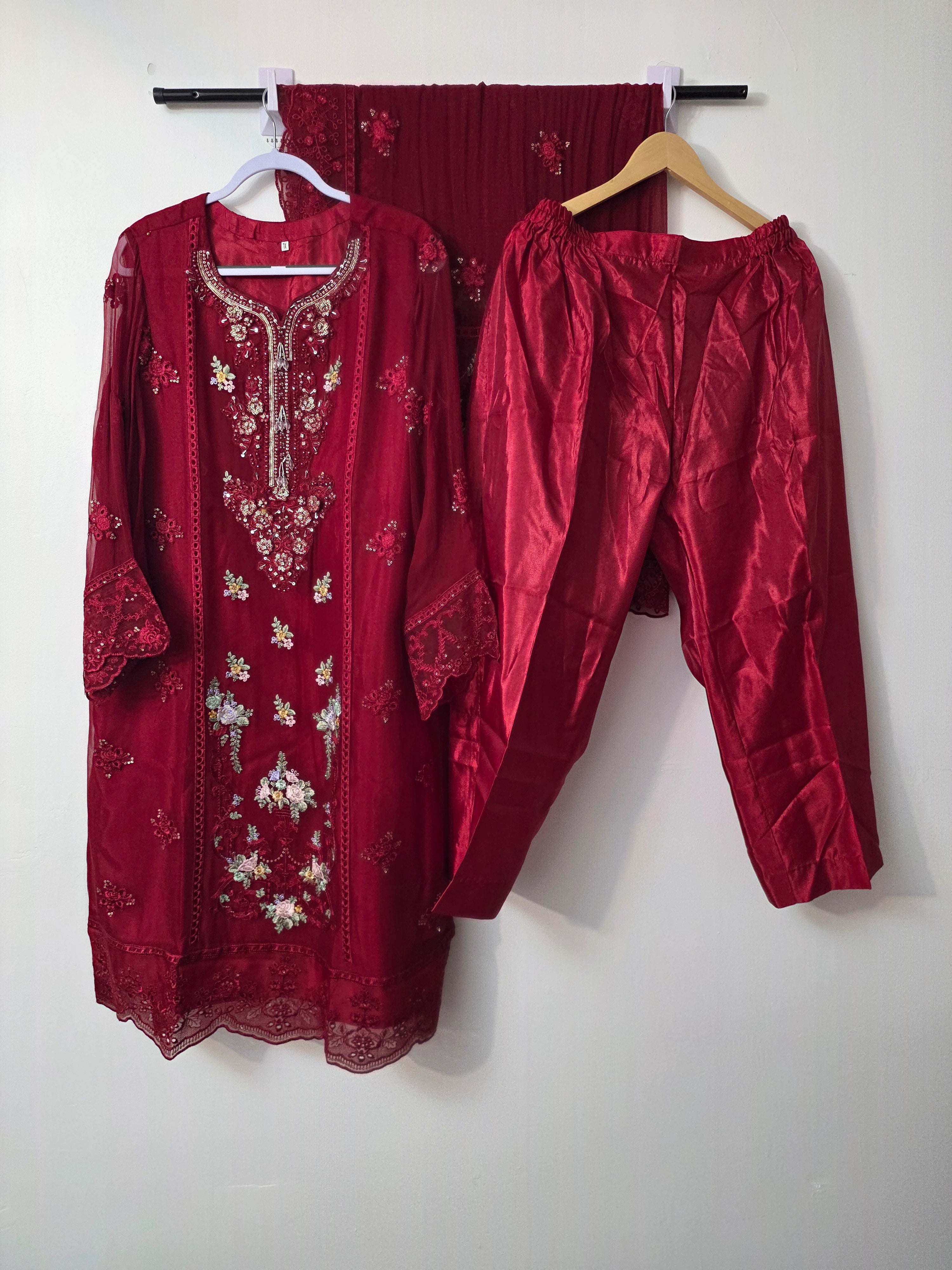 Red Pakistani pure chiffon 3 piece suit with embroidered shirt and dupatta