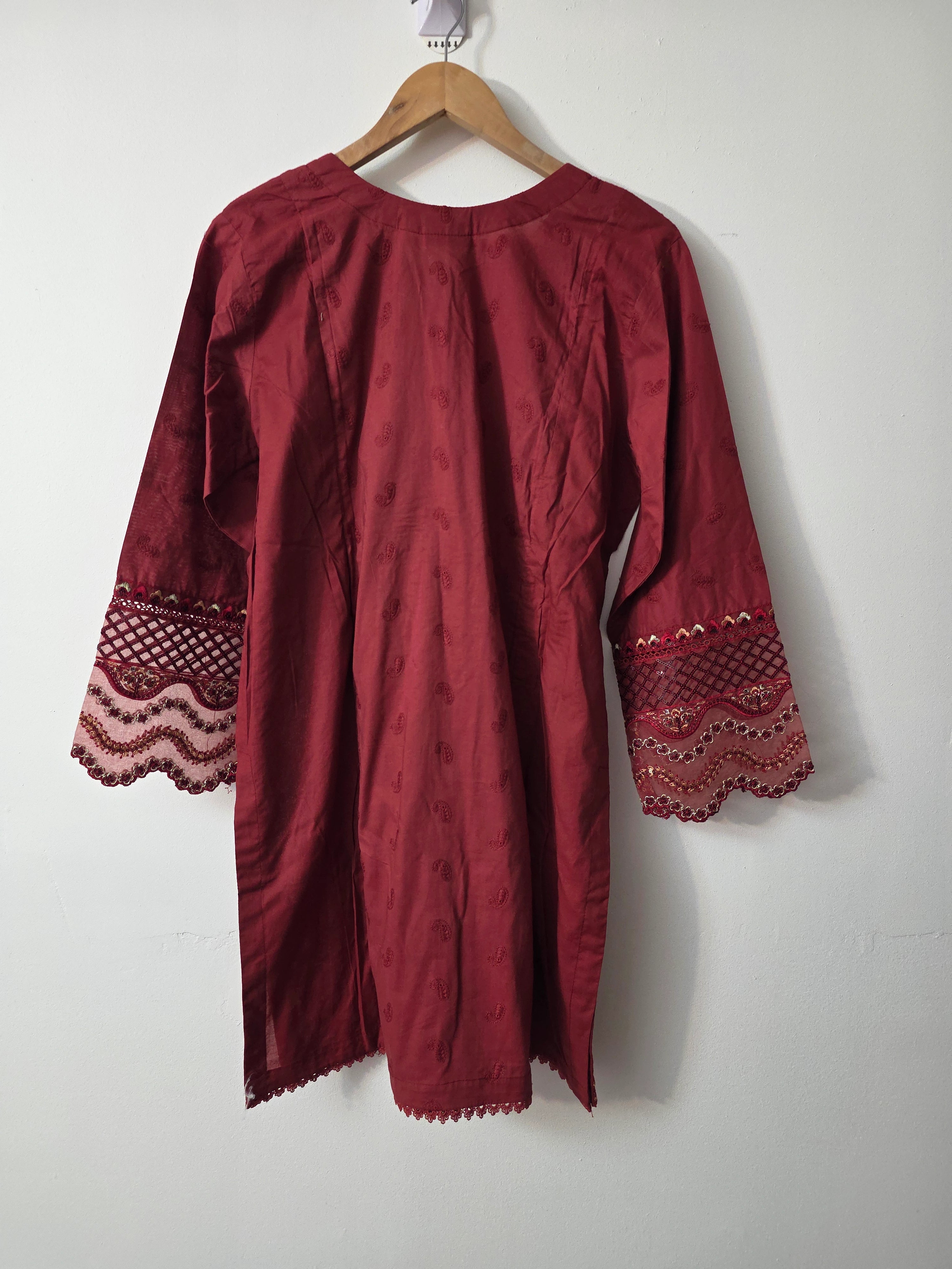 Red Pakistani summer cotton suit with Schiffli embroidery