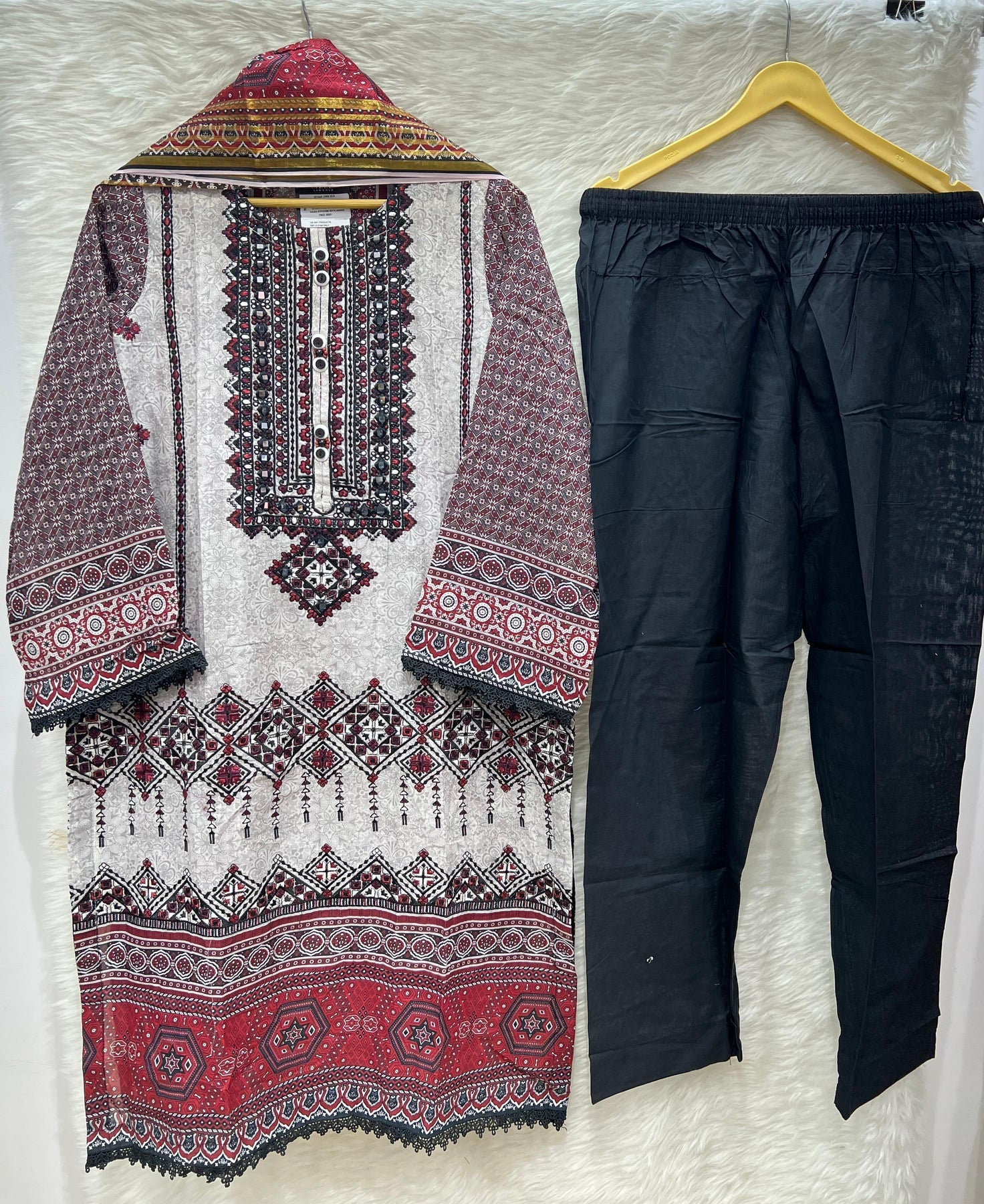 Red black and white Pakistani 3 piece lawn suit with heavily embroidered kameez, embroidered lawn dupatta and printed trouser