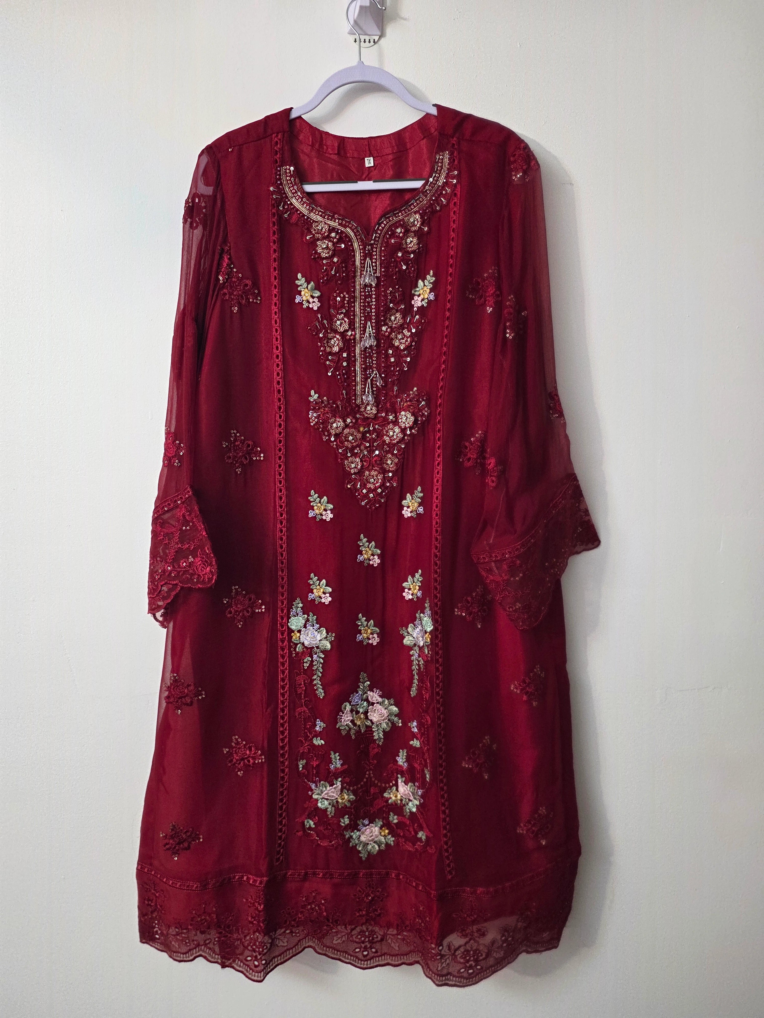 Red embroidered Pakistani wedding guest dress with 3D organza detailing