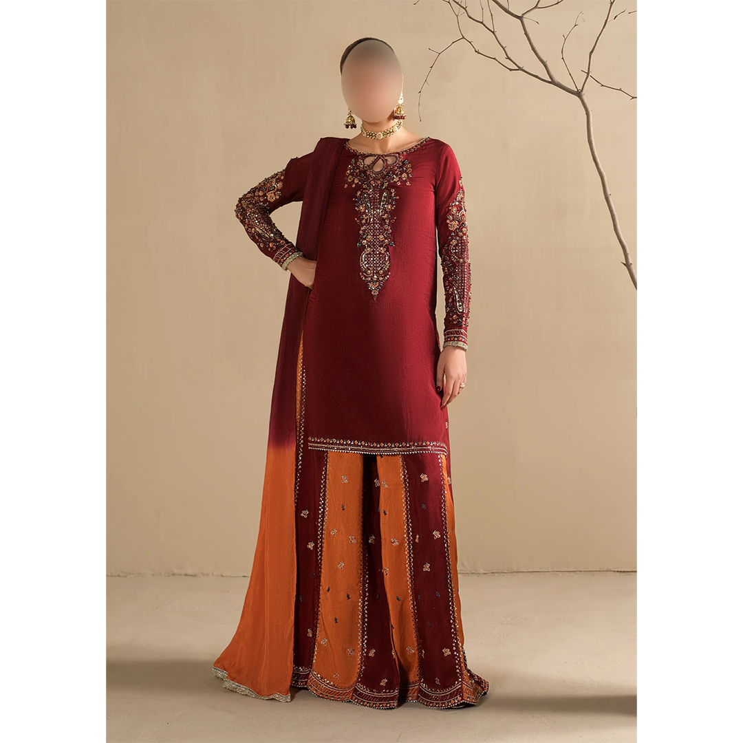 Red embroidered short kurta with two tone Sharara