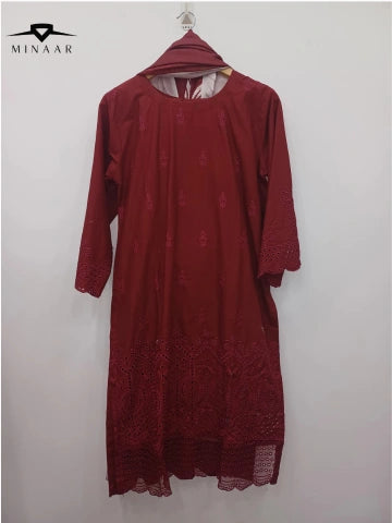 Red Cotton Embroidered Kurta Set with Printed Dupatta – 3 Piece
