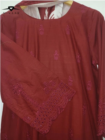 Red Cotton Embroidered Kurta Set with Printed Dupatta – 3 Piece