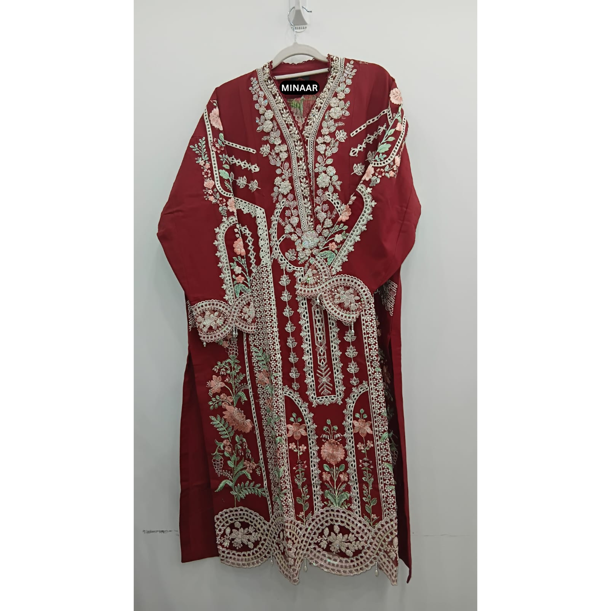 Red slub cotton Pakistani suit with heavy floral embroidery, pearl and sitara work