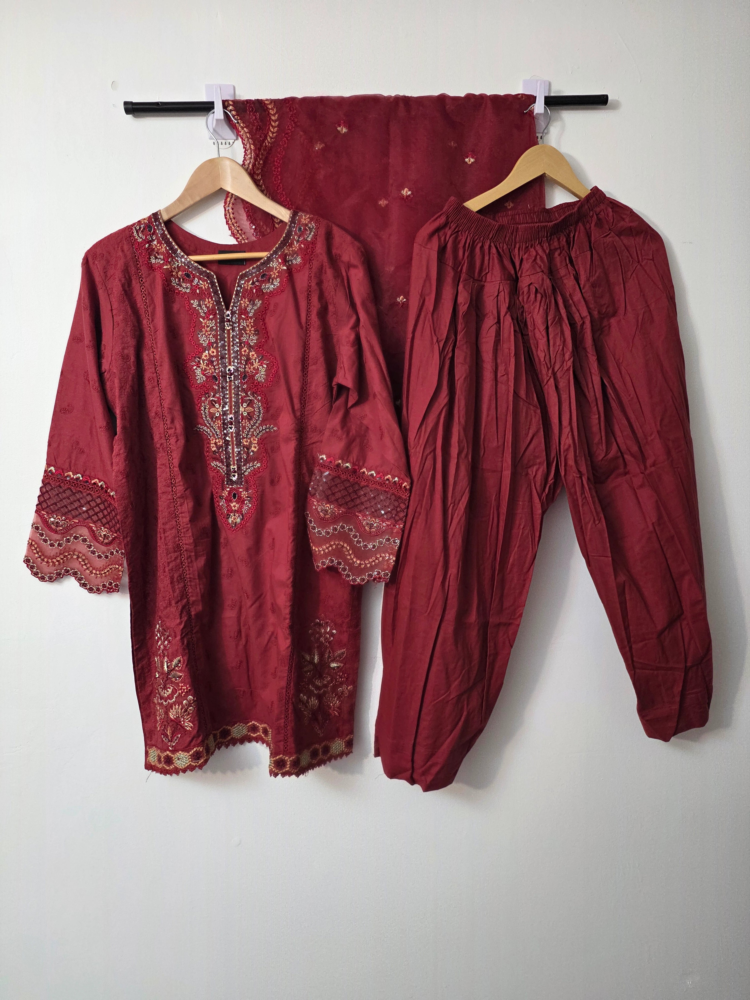 Ruby red Pakistani 3 piece suit with embroidered Farshi shalwar
