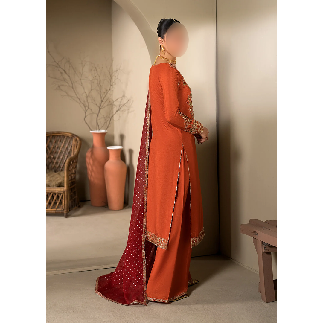 Embroidered raw silk long kurta and trouser set
