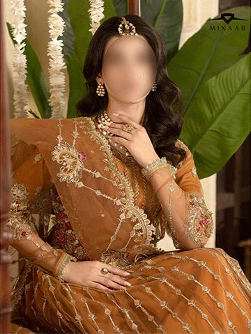 Rust Orange Embroidered Net Maxi Set with Dupatta – 3 Piece Festive Outfit