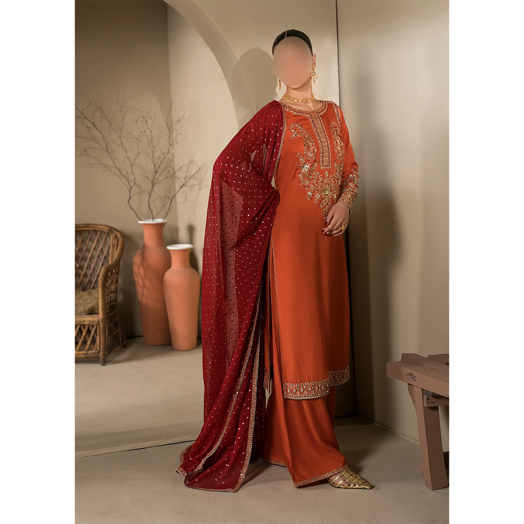 Rust Pakistani 3 piece outfit with chiffon dupatta